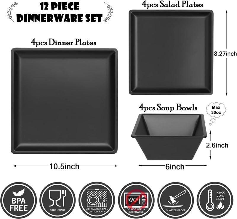 12 Piece Melamine Plates and Bowls Sets Square Dinner Set with Plates, Dishes, Bowls, Black Square Dinnerware Sets -Serving Platers for 4 Dishwasher Safe