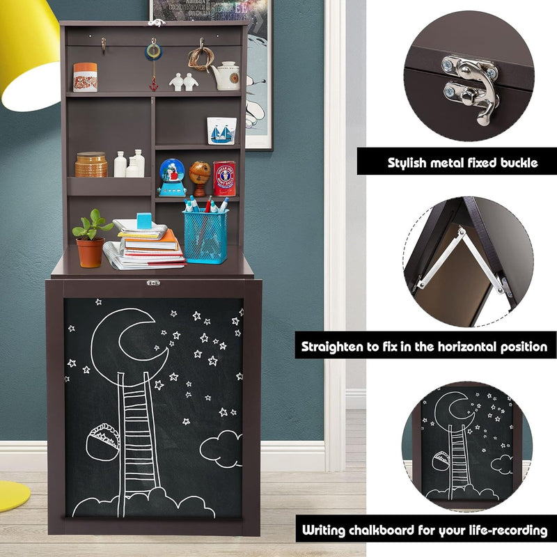 Bear with Me Wall Mounted Desk Fold Out Computer Laptop Desk Floating Table with Storage Shelves and Chalkboard, Convertible Writing Desk Wirh Bookshelves, Home Office Furniture, Brown
