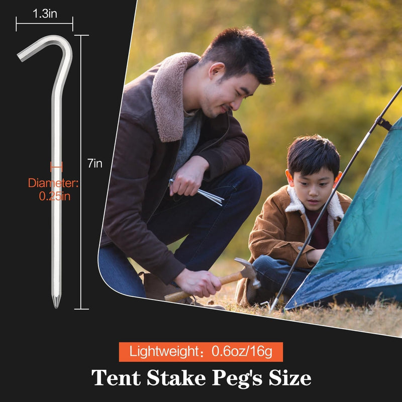 12/24/48/96 Pack Tent Pegs, Aluminum Tent Stakes Pegs with Hook, 7" Hexagon Rod Lightweight Canopy Stakes Pegs for Camping, Canopy, Outdoor Decoration(7", 12 Pack)