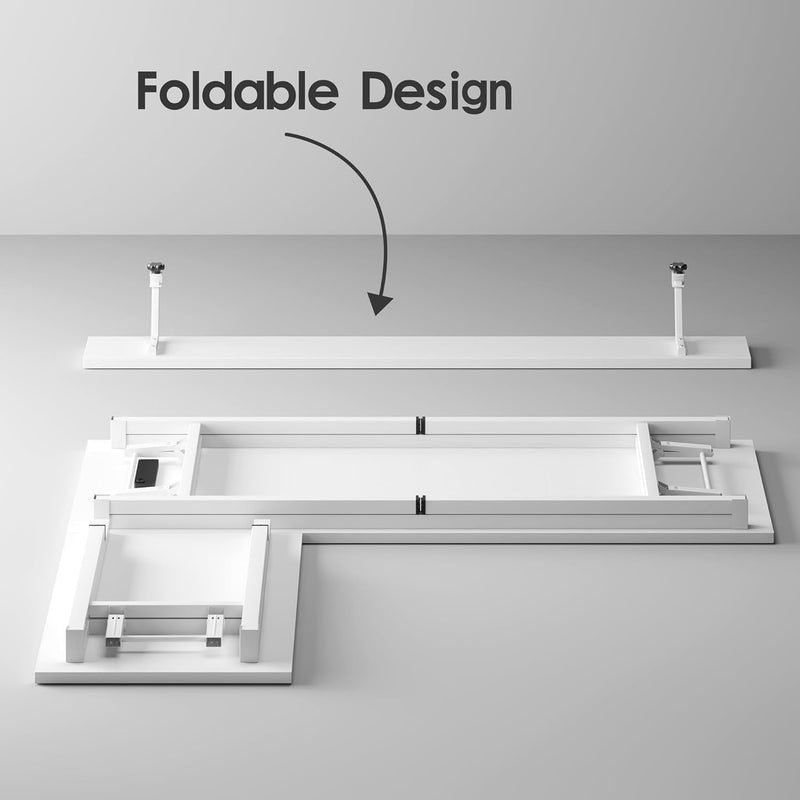 Dlandhome Reversible L-Shaped Desk with Monitor Stand,Led Lighting Computer Desk with Power Outlets,Home Office Table Computer Workstation, White