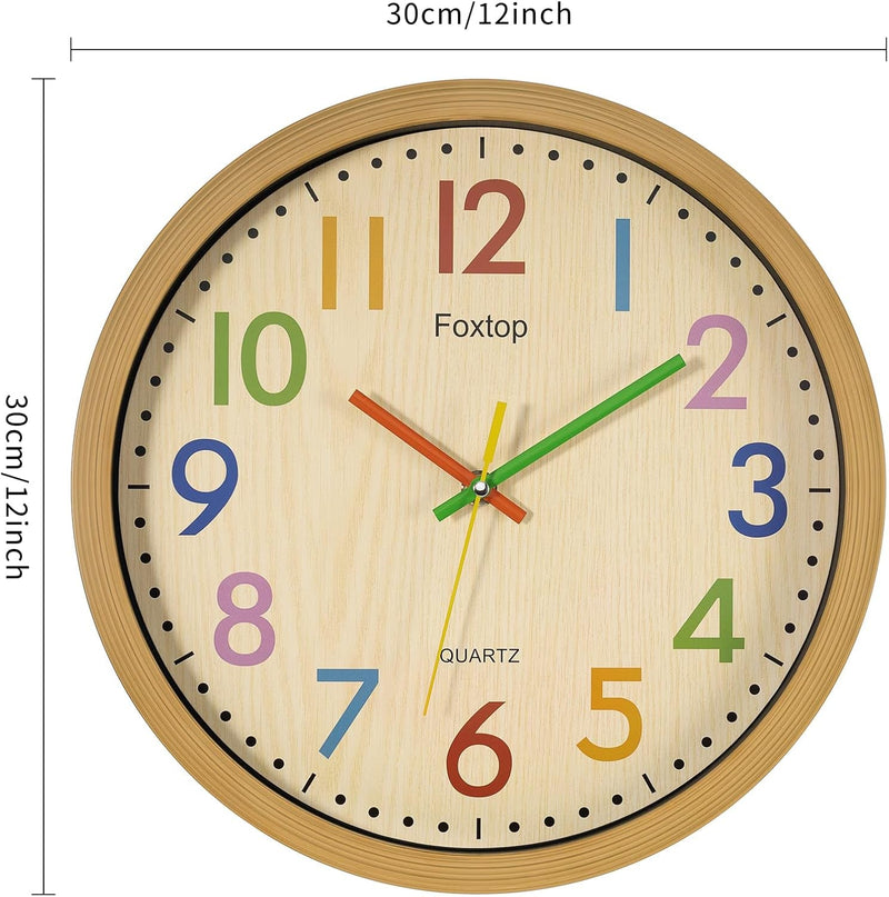 Foxtop Silent Kids Wall Clock 12 Inch Non-Ticking Battery Operated Colorful Childrens Clock for Classroom Playroom Nursery Bedrooms Kids Room School