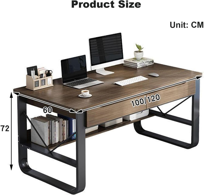 Computer Desk with Storage-Shelves and Drawers, Modern Gaming PC Writing Desk, Wood Table Top Metal Frame Study Table Workstation for Home Office(100X60X72Cm(39X24X28Inch), A)