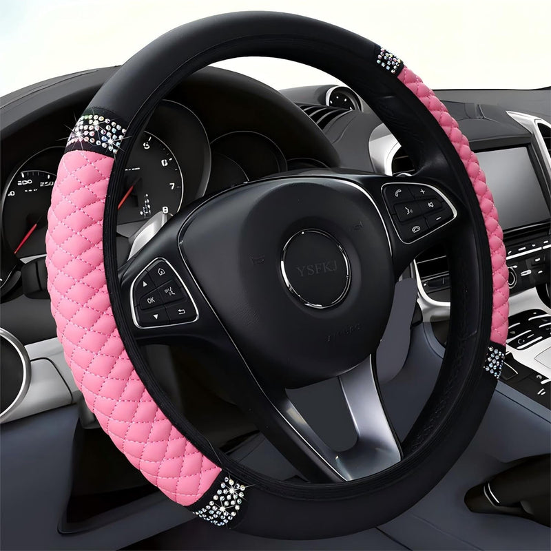 Diamond Leather Steering Wheel Cover Universal 15 Inch with Bling Bling Crystal Rhinestones, Anti-Slip Car Steering Wheel Protector for Women Girls (Black)