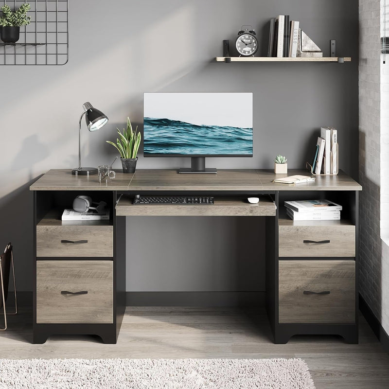 Bestier 59” Computer Desk with 4 Drawers, Office Desk with Storage, Industrial Executive Desk with File Drawer, Keyboard Tray & 2 Pedestals for Home Office & Studio, Gray