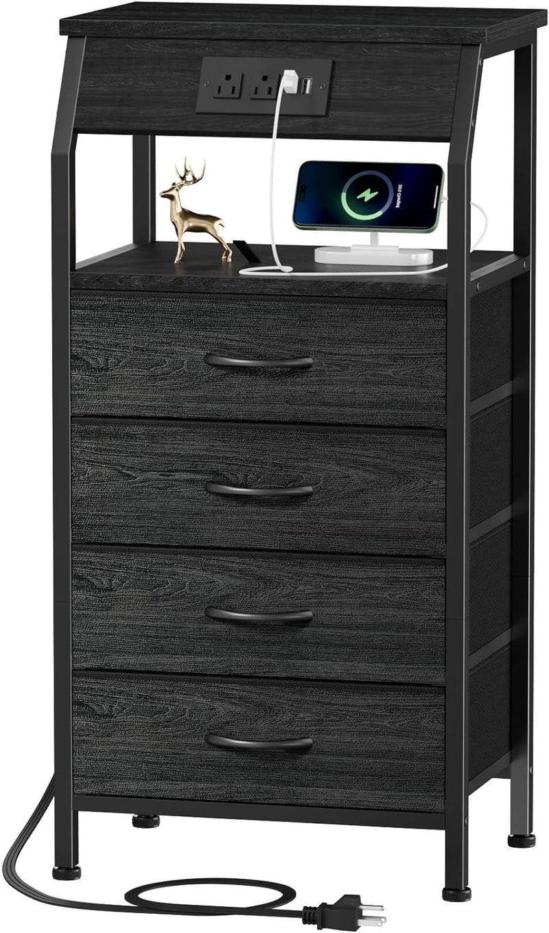 Furnulem Night Stand with Charging Station, 4 Drawer Dresser with Storage Shelf, 30 Inch Tall Side Table, Fabric End Table for Closet, Entryway, Bedside Furniture, 3 Ways to Use, Black Oak