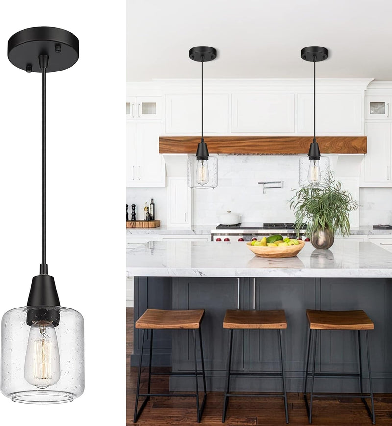 Black Pendant Light, Industrial Pendant Light Fixtures with Seeded Glass Shade, Adjustable Height, Farmhouse Hanging Pendant Lighting for Kitchen Island Dining Room