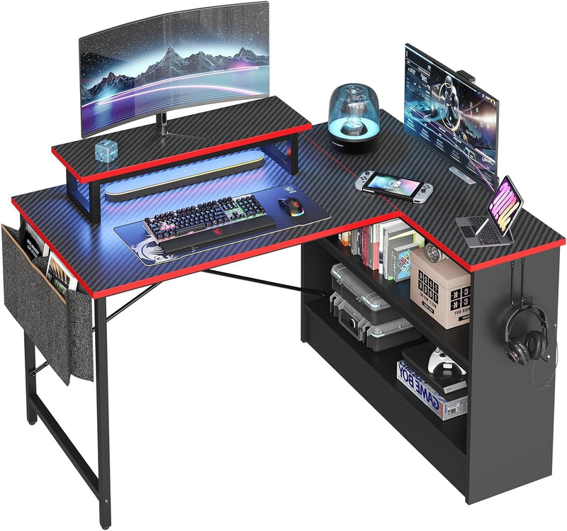 Bestier L Shaped Gaming Desk with Storage Shelves, 42 Inch Reversible Corner Computer Desk with LED Lights, PC Gaming Table with Side Storage Bag & Monitor Stand for Bedroom