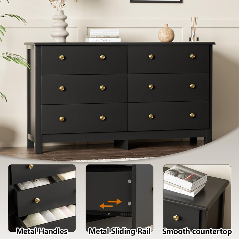 Black Dresser for Bedroom, Modern 6 Drawer Double Dresser for Kids with Gold Pulls, Dressers & Chests of Drawers, 6 Drawer Dressers