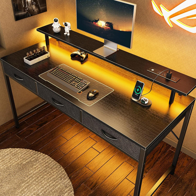 47 Inch Computer Desk with 3 Drawers, Office Desk Gaming Desk with LED Lights & Power Outlets, Home Office Desks with Storage Space for Bedroom, Work from Home, Gray