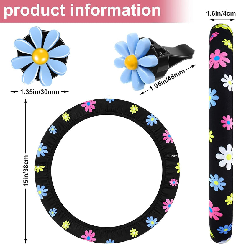 Cute Steering Wheel Cover Flower Steering Wheel Cover Floral Steering Wheel Cover for Women with 4 Pieces Cute Flowers Car Air Vent Clips for Women Car Decorations (Daisy Style)