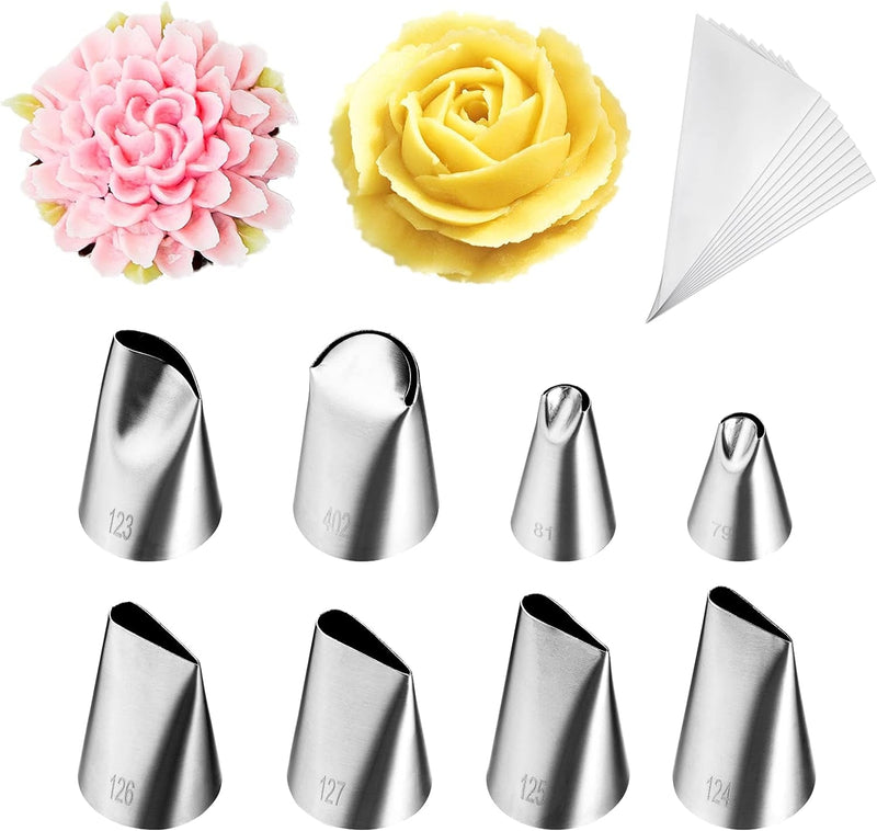 8 Pcs Rose Flower Piping Tips Set,Petal Icing Tips with 10 Pcs Disposable Piping Bags for Cake Decorating