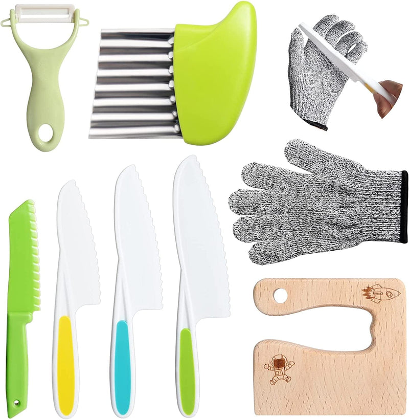 8 Pieces Wooden Kids Kitchen Knives Set for Real Cooking Include 4 Plastic Toddler Safe Knives/Crinkle Cutter/Kids Cutting Board/Y-Peeler/Resistant Gloves for Cutting Veggies Fruit Cake Salad Bread Home & Garden > Kitchen & Dining > Kitchen Tools & Utensils > Kitchen Knives PUPOUSE cartoon astronaut  