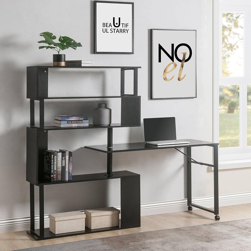 Home Office Desk, L-Shaped Rotating Corner Computer Table with Bookcase Display