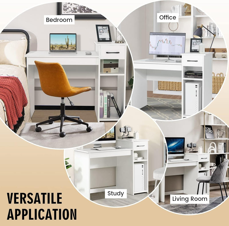 COSTWAY Computer Desk, 40 Inch Laptop PC Gaming Table with Drawer, Monitor Stand & Storage Shelf, Modern Simple Study Writing Table for Home & Office, Easy Assembly, White