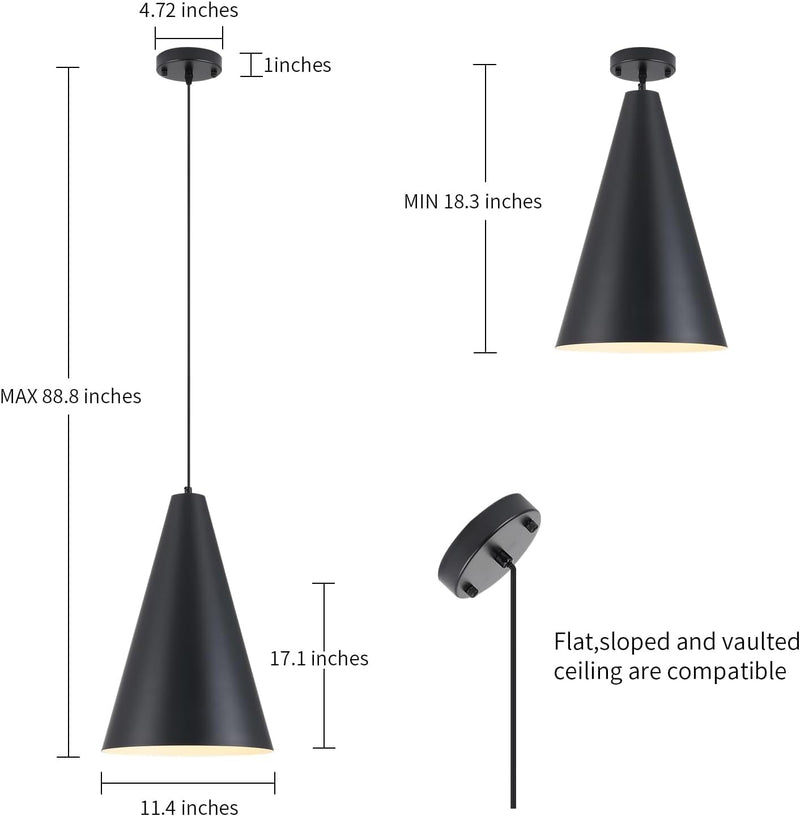 Black Large Pendant Lights Kitchen Island,11.4" Industrial Oversized 1-Light Chandeliers with Cone Metal Shade,Farmhouse Adjustable Cord Hanging Lighting Fixtures for over Sink,Dining Room
