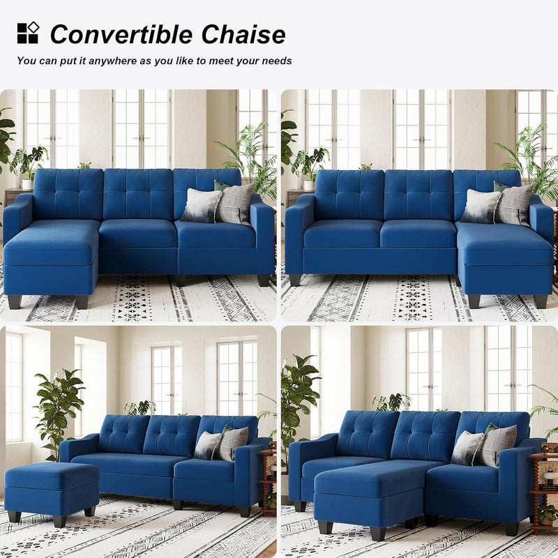 Belffin Velvet Sectional Couch with Reversible Chaise, L Shaped Sofa for Living Room, Blue