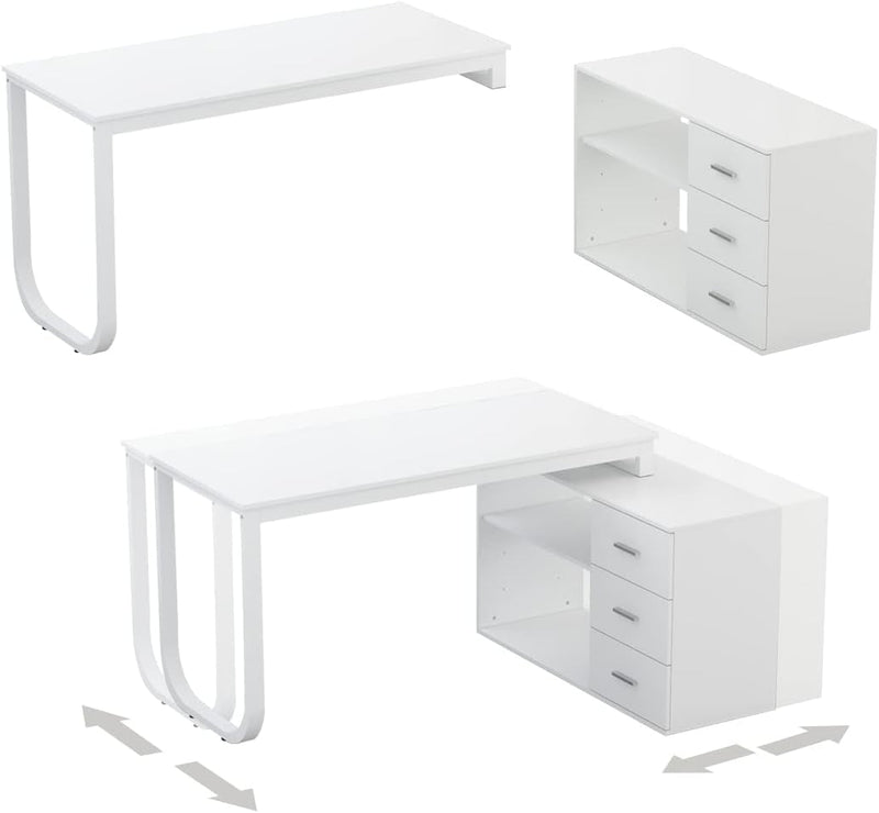 AIEGLE Office Desk with Rotating Storage Cabinet, L-Shaped Computer Desk & Study Writing Table with 3 Drawers & 2 Shelves, Deformable Corner Desk with Cabinet for Home Office, White, 55.1"