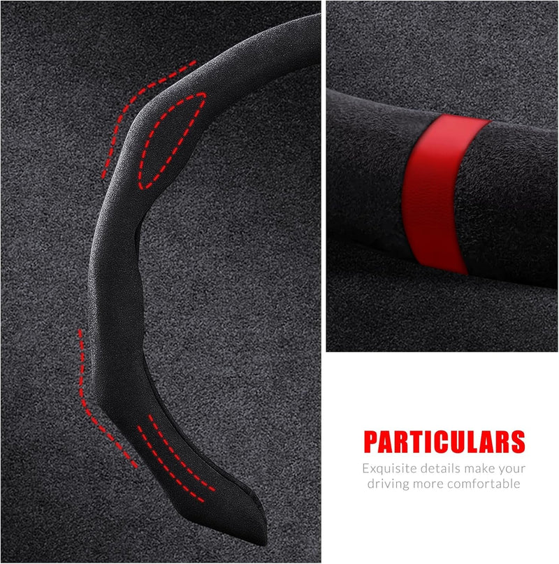 Car Steering Wheel Cover Suede Wrap 14.5-15 Inch Steering Wheel Grip Snap on Non Slip Sport Car Interior Accessories Decoration Universal Black