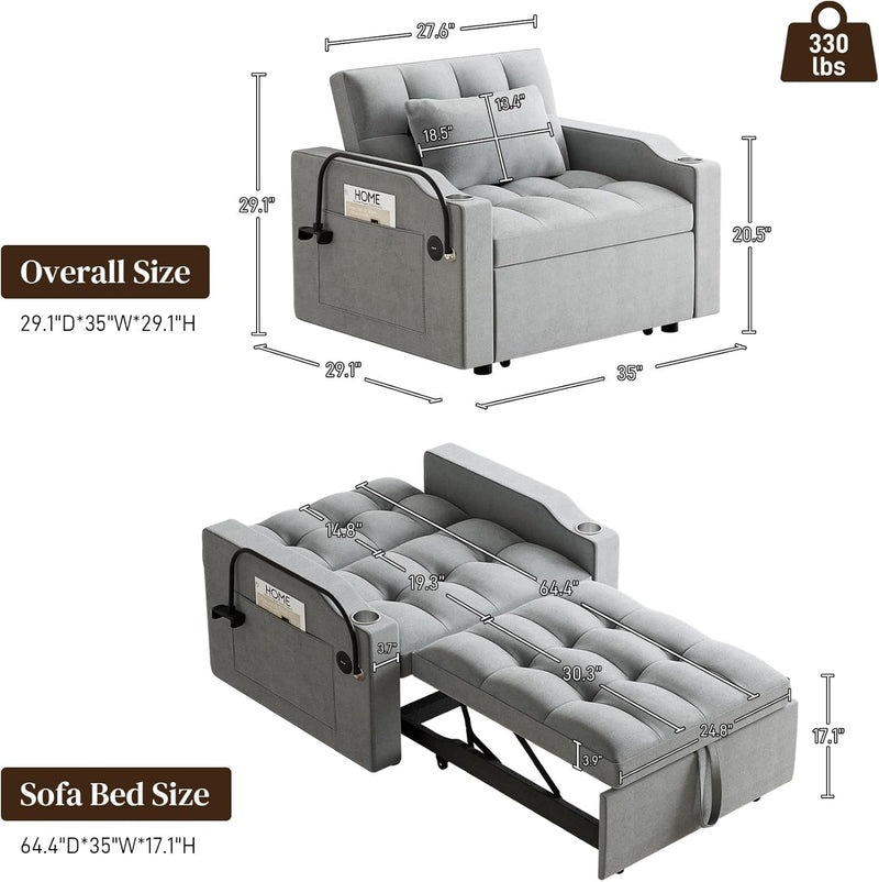 3 in 1 Single Sleeper Sofa Chair with Pullout Bed, Convertible Pull Out Couch with Adjustable Backrest, Modern Chaise Lounge with USB Port for RV, Living Room, Small Spaces, Grey Velvet