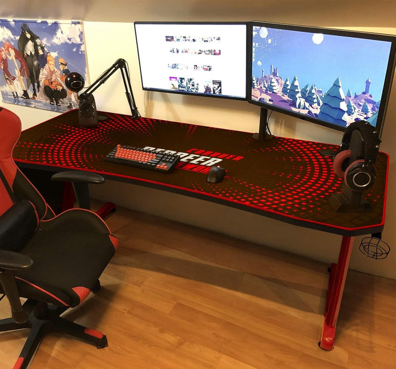 Devoko Gaming Desk Computer Gaming Desk Z-Shaped Pc Gaming Desk with Carben Fiber Surface Gamer Desk with Free Mouse Pad Home Office Desk with Cup Holder and Headphone Hook (44 Inch, Red)