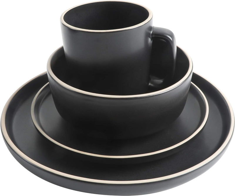 Gibson Home Zuma 16 Piece round Kitchen Dinnerware Set, Dishes, Plates, Bowls, Mugs, Service for 4, Matte Stoneware, Black