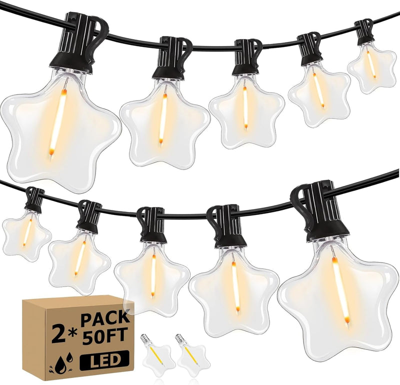 100FT Outdoor String Lights LED Patio Lights outside Waterproof Star String Lights W/ 52 Dimmable Edison Bulbs(2 Spare), Connectable Hanging Lights for Backyard Porch Christmas Party, Black(50Ft*2)