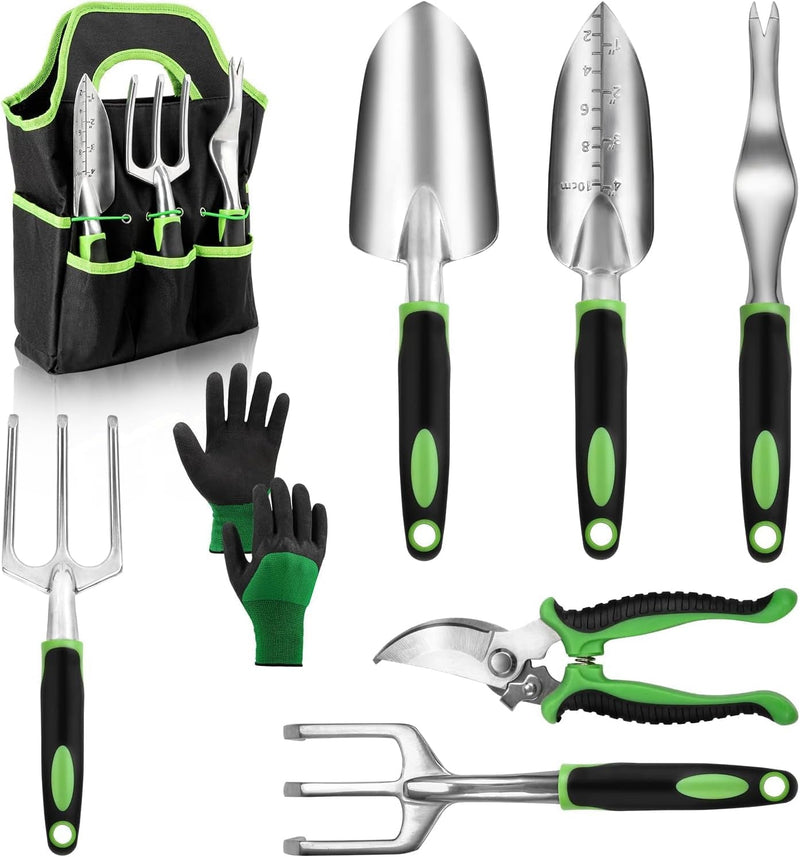 Ensemble d'outils de jardin avec poignée en caoutchouc antidérapante, 8 pièces en acier inoxydable, outils à main d'extérieur robustes, sac de rangement durable, outil de désherbage pour déracinement, cadeaux pour femmes et hommes (rouge)