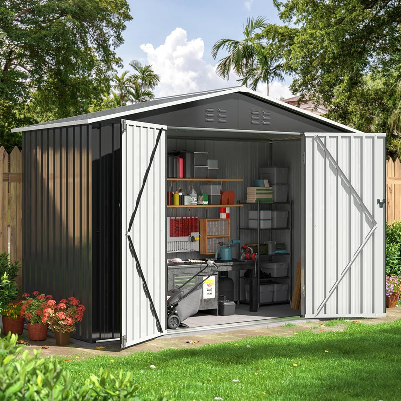 10X10 FT Outdoor Storage Shed, Garden Shed with Updated Frame Structure and Lockable Doors, Metal Tool Sheds for Backyard Garden Patio Lawn, Grey