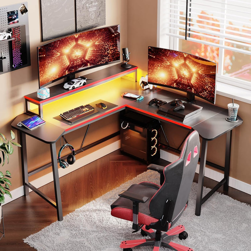 Bestier Gaming Desk with LED Lights, 57 Inch L-Shaped Computer Desk with Headphone Hook,Monitor Stand & Cup Holder for Home Office,Black and Red
