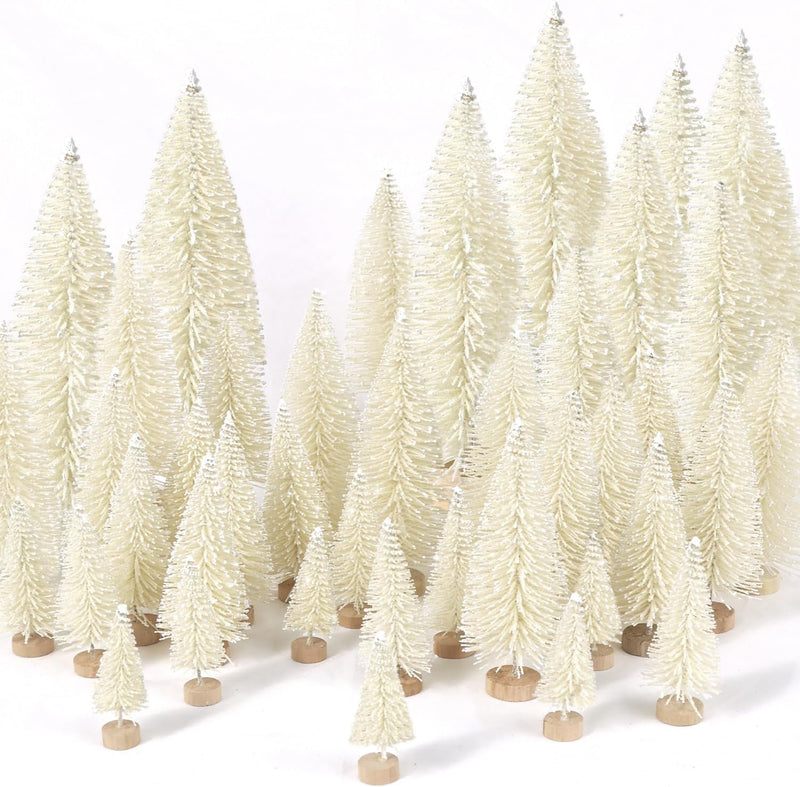 30Pcs Mini Christmas Trees Artificial Christmas Tree Bottle Brush Trees with Wooden Base for Christmas Decor Christmas Party Home Table Craft Decorations(Green+Silver+White)