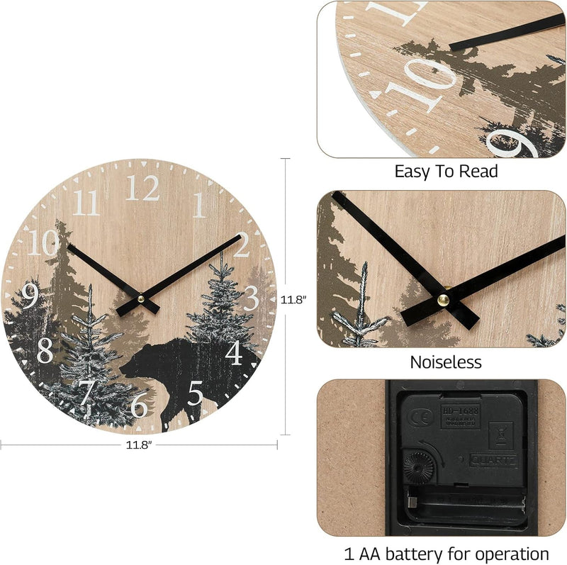 Cabin Bear Wall Clock 12 Inch Silent Non Ticking Clock Wooden Forest Wildlife Mountain Lodge Wall Clock Battery Operated Rustic Farmhouse Wall Clock