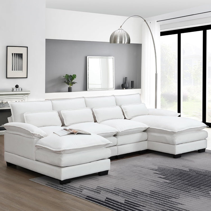 109.8" Sectional Sofa Cloud Couch for Living Room, Modern U Shaped Modular Sofa with Double Chaise Lounge, Large 4 Seater Chenille Sleeper Sofa for Apartment Office (White)