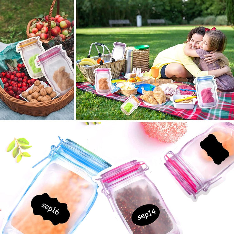 81 Pcs Reusable Mason Jar Bags Food Storage Plastic Bags Multi-Size Fresh Leak Proof Sandwich Snack Zipper Bags with Chalkboard Label Sticker Silicone Funnel for Kitchen Camping Travel Office
