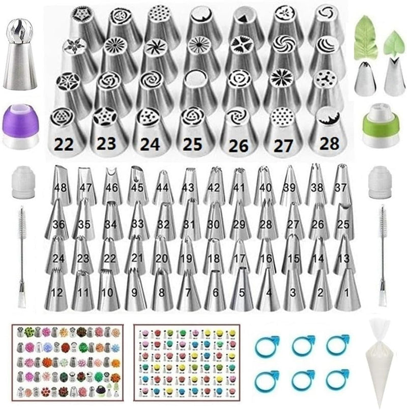 193 Pcs Russian Piping Tips Set, with 28 Numbered Russian Tips,48 Numbered Icing Tips,1 Ball Tip,2 Leaf Tips,Pattern Chart,100 Pastry Bags,4 Couplers,6 Bag Ties for Cake Decorating