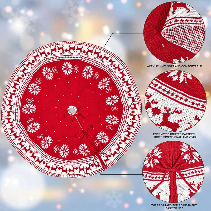 Christmas Tree Skirt Snowflake Elk Pattern Knitted Red Xmas Tree Skirt Strap Fixation Holiday Decorations 35 Inches