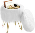 GREENSTELL Vanity Stool Chair with Storage, 13.5" W X 18" H round Faux Fur Ottoman with 4 Metal Legs, Furry Padded Seat, Modern Multifunctional Makeup Stool for Bedroom Living Room Black