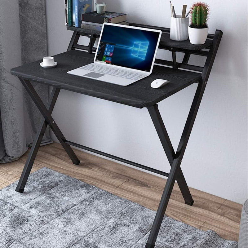 Black Portable Double-Layer Computer Desk Foldable for Small Space, Home Decoration Storage and Organization, Movable, Easy to Assemble