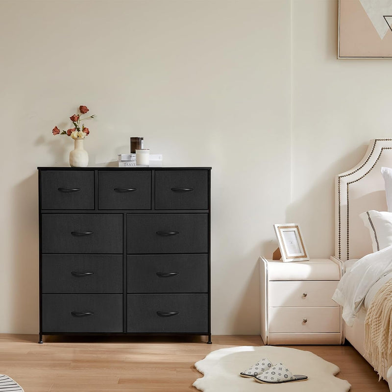 ANTONIA Dresser for Bedroom with 9 Fabric Drawers, Tall Chest Organizer Units for Clothing, Closet, Kidsroom, Storage Tower with Cabinet, Metal Frame, Wooden Top, Lightweight Nursery Furniture, Black