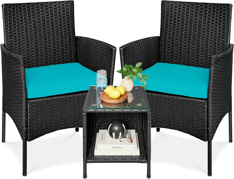 Best Choice Products 3-Piece Outdoor Wicker Conversation Bistro Set, Space Saving Patio Furniture for Garden W/Side Table - Gray/Navy