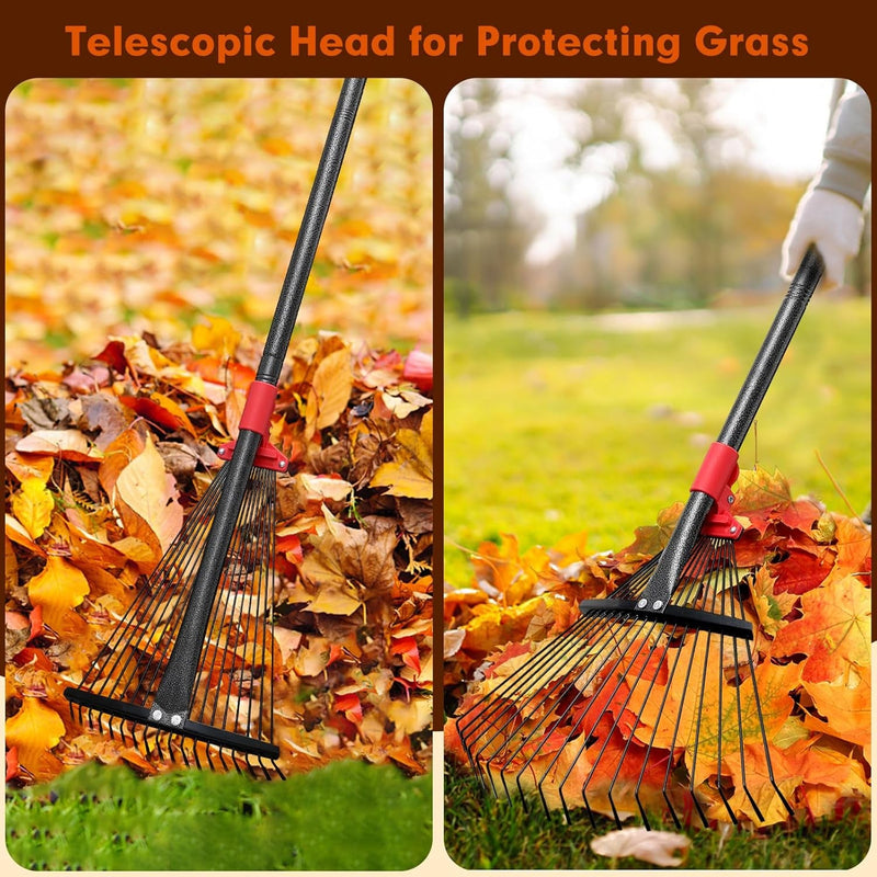 75 Inch Rake for Leaves, Adjustable Head with 18 Metal Tines Rakes for Lawn Leaf Lawn Leveling Rake Yard Tools for Picking up Leaves, Grass Clippings, Garbage Ergonomics Adjustable Handle