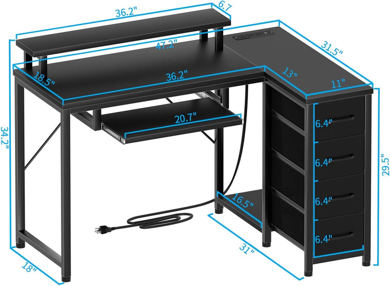 Black L Shaped Desk with Drawers, Corner Desk with LED Light & Power Outlet, 47" Computer Desk with Monitor Stand & CPU Stand, for Home Office Small Space
