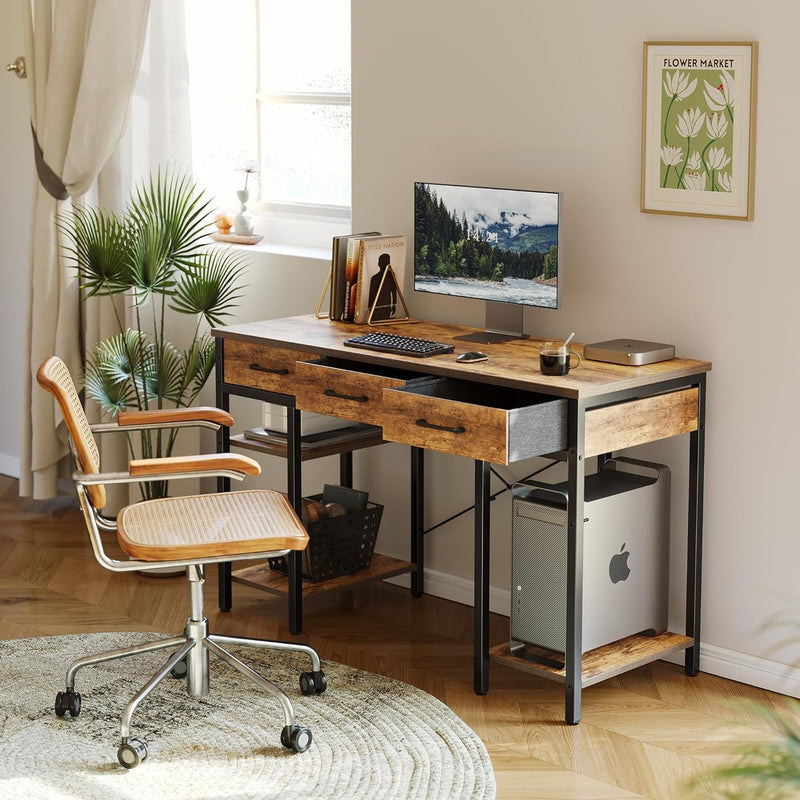 Cubicubi 47 Inch Computer Desk with 3 Drawers and Storage Shelves, Small Home Office Desk, Study Writing Table, Simple Desk for Bedroom, Rustic Brown