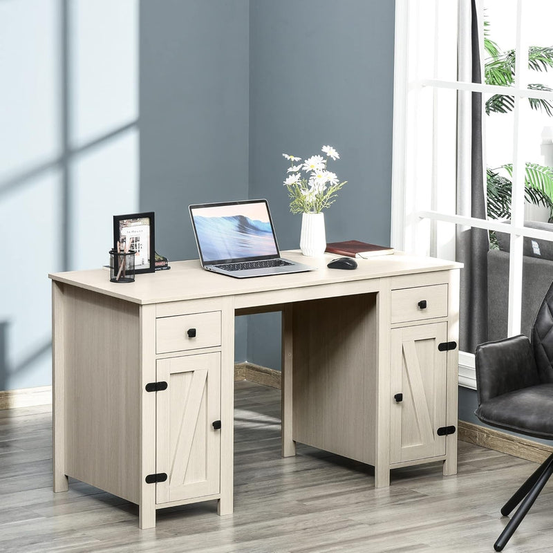 HOMCOM Farmhouse Computer Desk with Storage, Home Office Desk with 2 Drawers and 2 Cabinets, Cream White