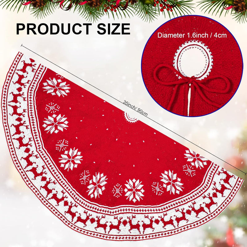 Christmas Tree Skirt Snowflake Elk Pattern Knitted Red Xmas Tree Skirt Strap Fixation Holiday Decorations 35 Inches