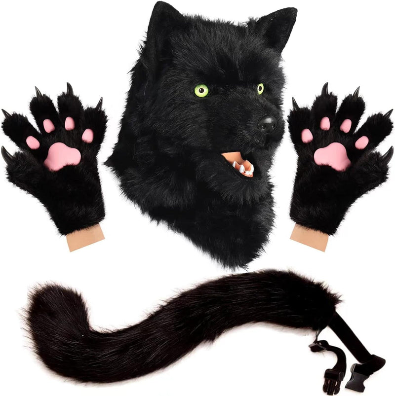 Animal Dog Head Mask Realistic Furry Plush Tail Claw Gloves Full Wolf Masks for Halloween Party Carnival Cosplay