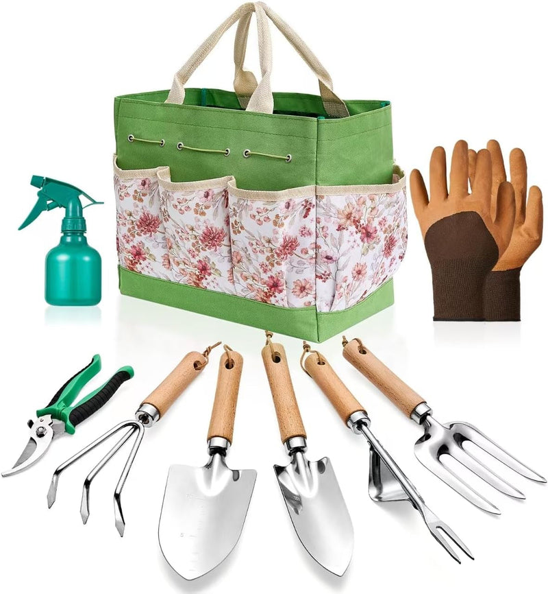 Outils de jardinage de 9 pièces | Outils de jardinage à main robustes en acier inoxydable avec un sac de rangement délicat et durable et des gants en caoutchouc antidérapants | Les outils de jardinage sont des cadeaux de jardinage idéaux pour les femmes