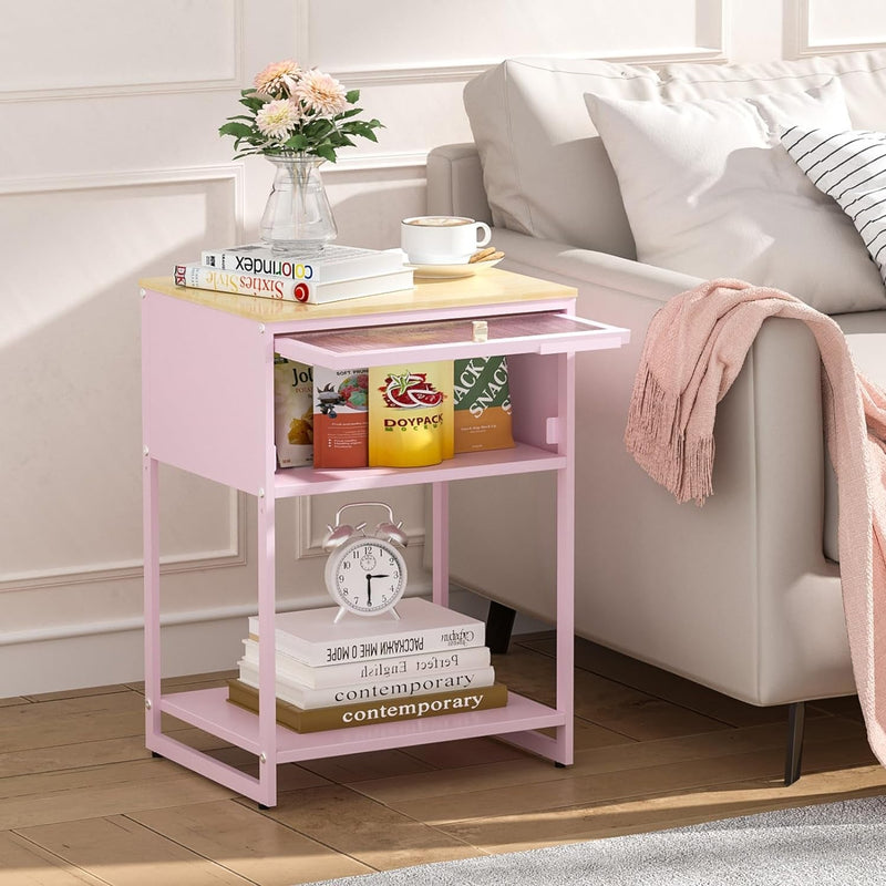 Cute Nightstand,End Tables with Storage Drawer,Bedside Table with Open Storage Shelf,Metal Side Table,Durable Wood Top Side Table for Bedroom,Living Room,Dorm,Guest Bedroom,Pink
