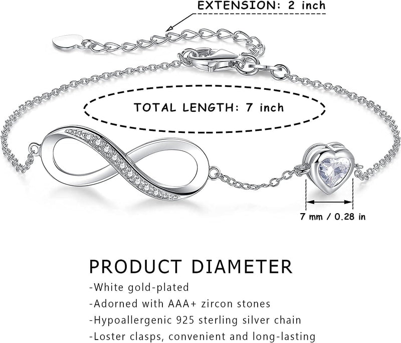 Birthstone Jewelry for Women, Silver Birth Stone Charm Bracelet Infinity with Cubic Zirconia, Adjustable Love Heart Chain Jewelry Gifts for Anniversary Christmas