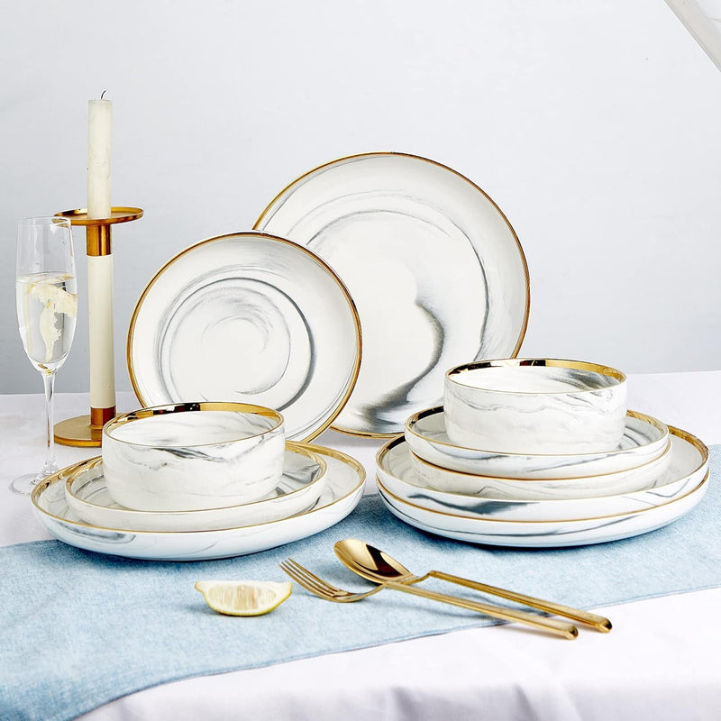 Dinnerware Sets, Marble Gold Line Plates and Bowls Sets Stoneware Dishes Set for 4, 12 Piece White Grey Marble Porcelain round Dinner Dish Sets