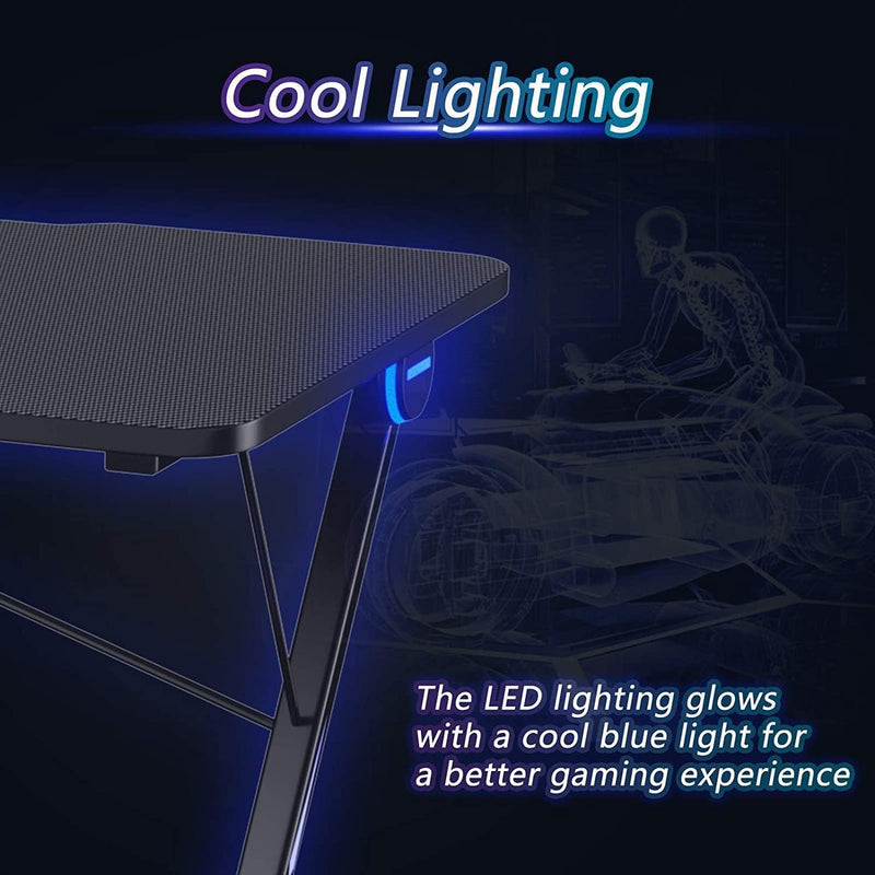 Ergonomic Racing Computer PC Table with 4 LED Lights & Large Desktop, Home Office Z-Shaped Writing Workstation Gamer Teens Adults Gaming Desk, Black